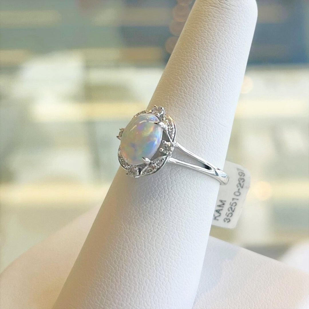 Brand New 14k White Gold Opal and Diamond Halo Ring Size 6.5