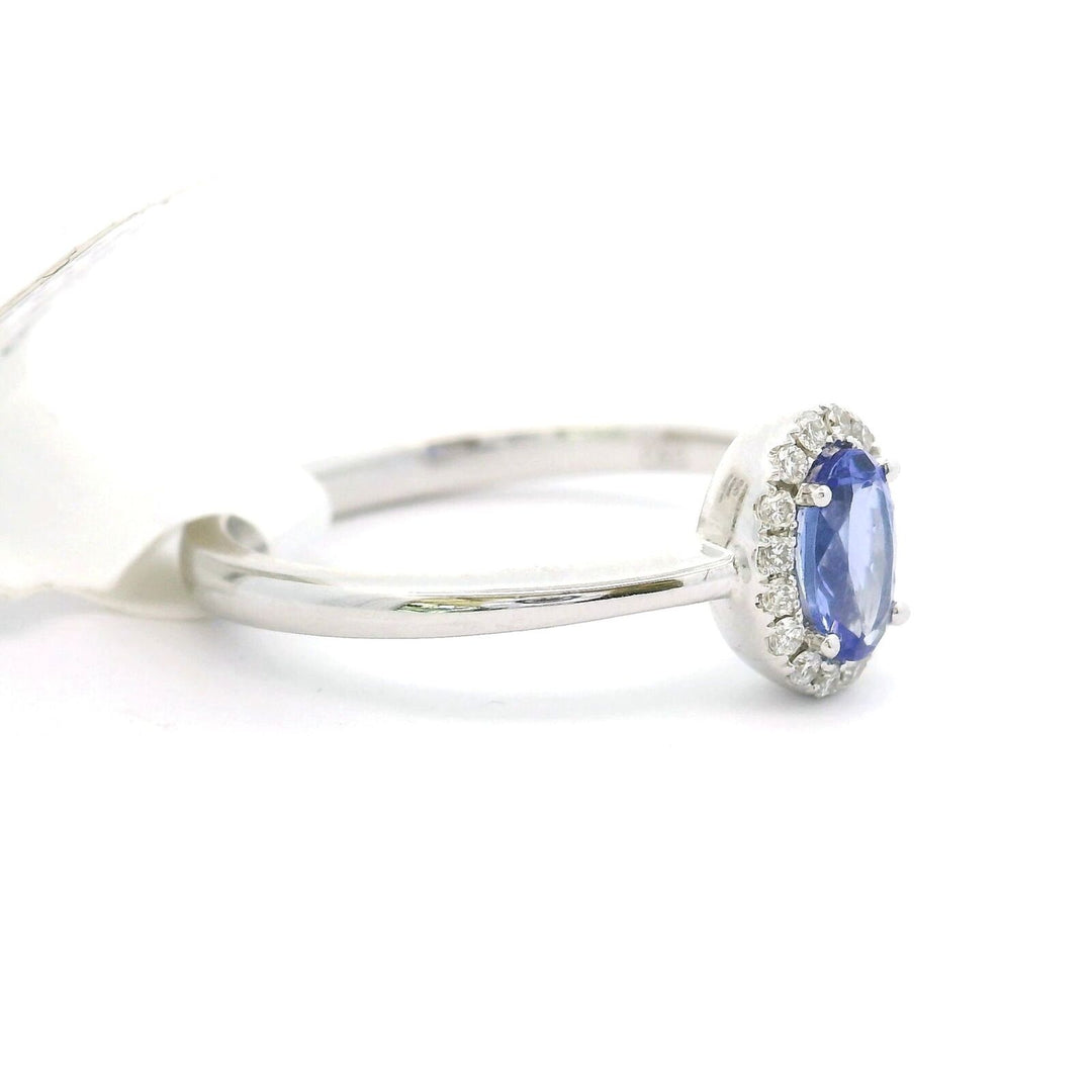 Brand New Tanzanite and Diamond Halo Ring in 14k White Gold Size 6.75