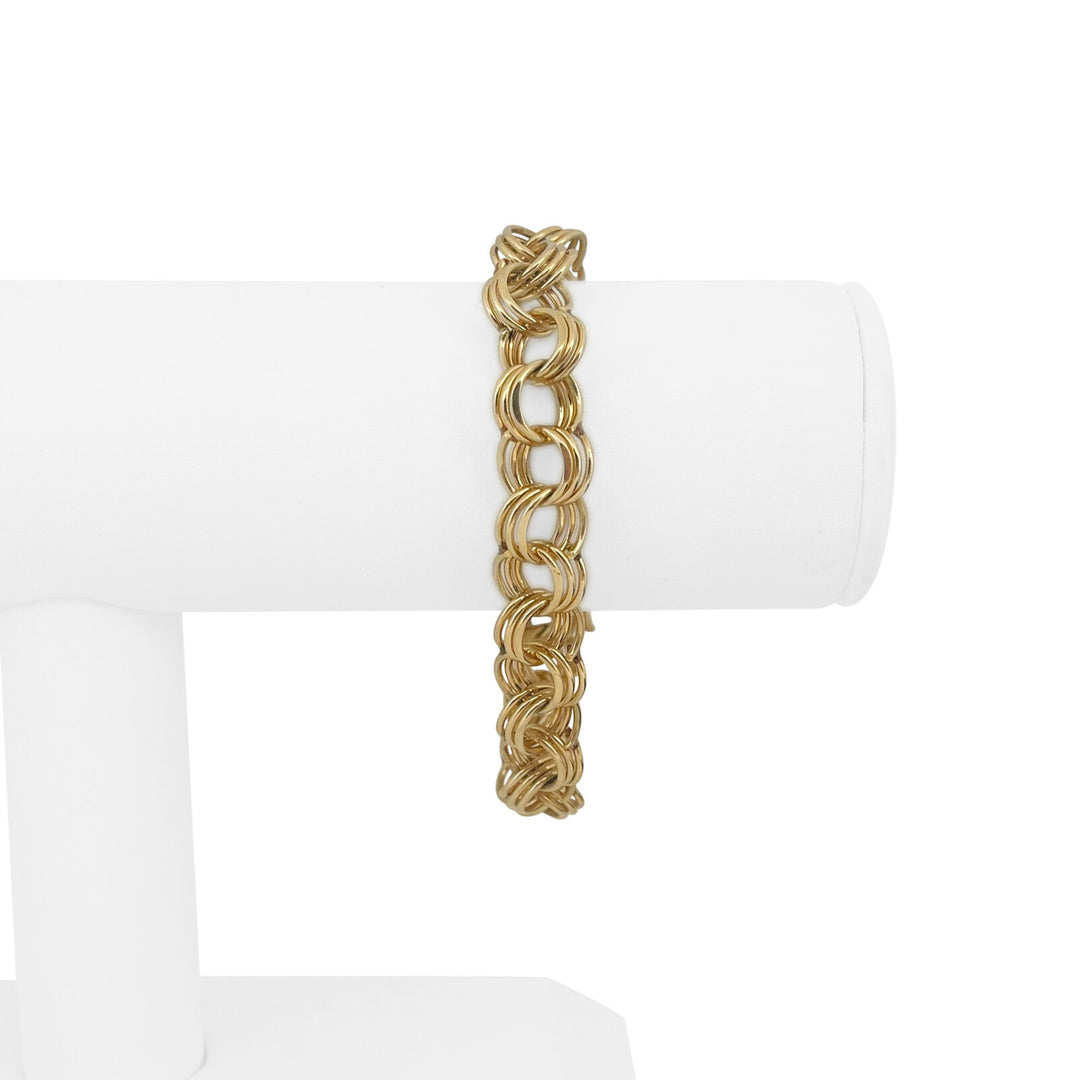 14k Yellow Gold 25.4g Ladies 10mm Triple Circle Link Charm Bracelet 7.5"