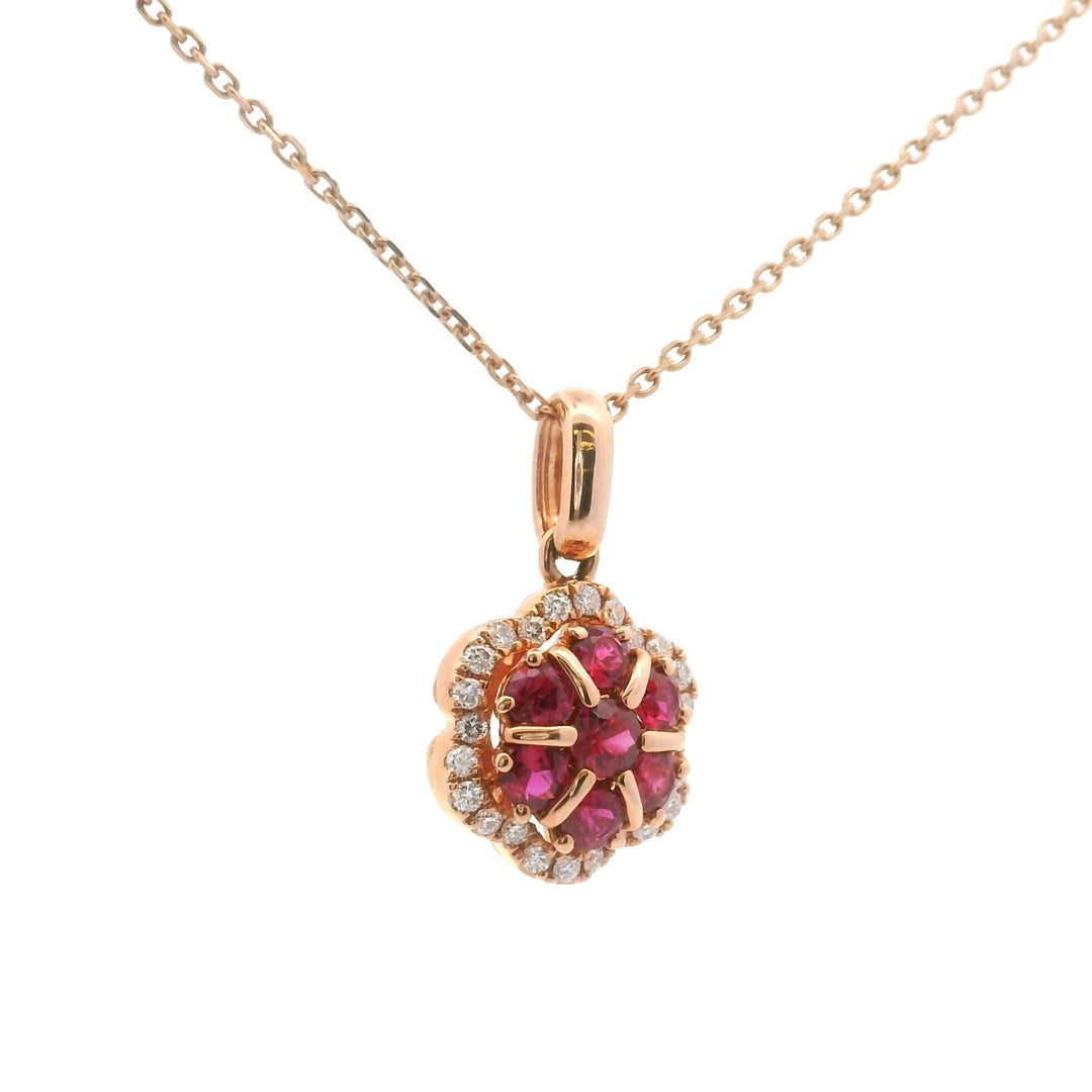 Brand New 14k Rose Gold Ruby and Diamond Halo Pendant Necklace 18"