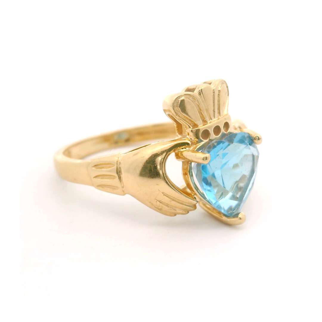 14k Yellow Gold and Heart Cut Topaz Claddagh Ring Size 6