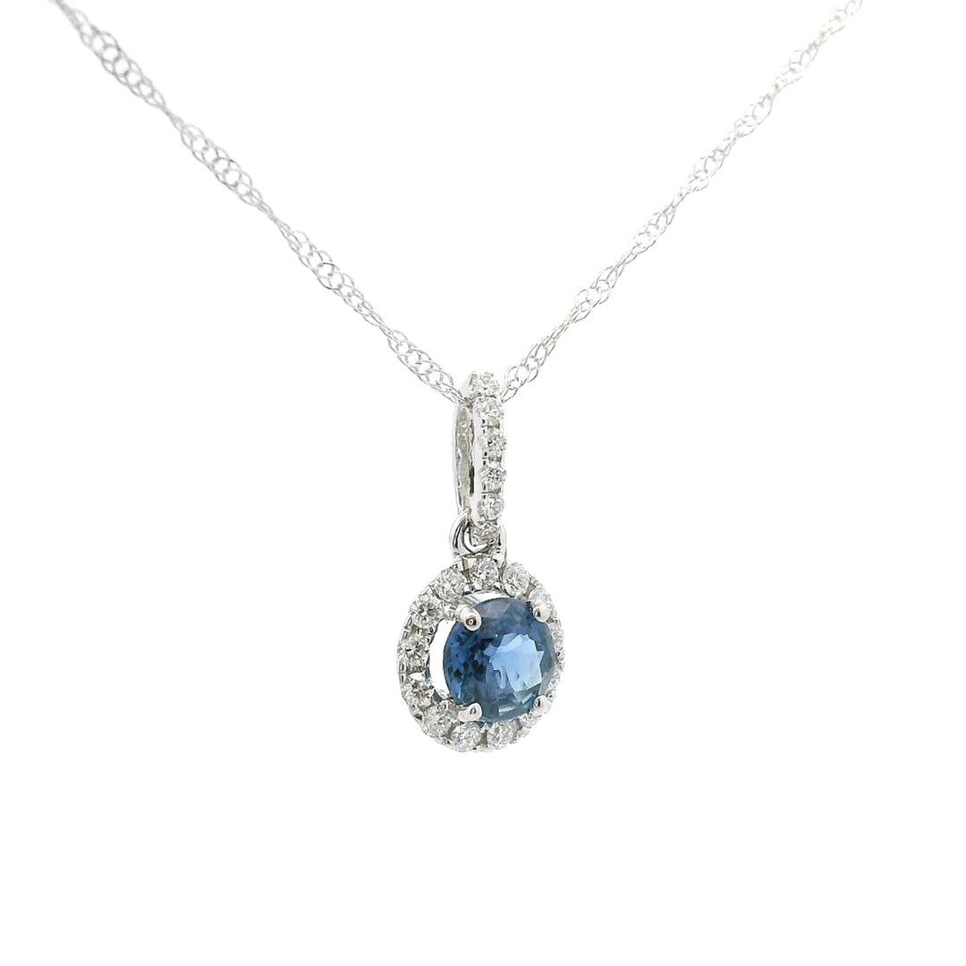 Brand New 14k White Gold Sapphire and Diamond Halo Pendant Necklace 18"