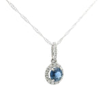 Brand New 14k White Gold Sapphire and Diamond Halo Pendant Necklace 18"