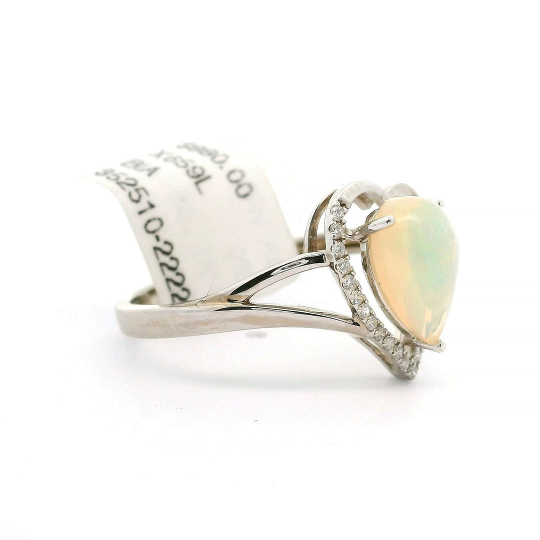 Brand New 14k White Gold Opal and Diamond Ladies Heart Ring Size 7