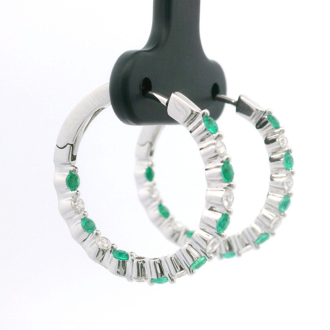 Brand New 14k White Gold Emerald and Diamond Hoop Earrings