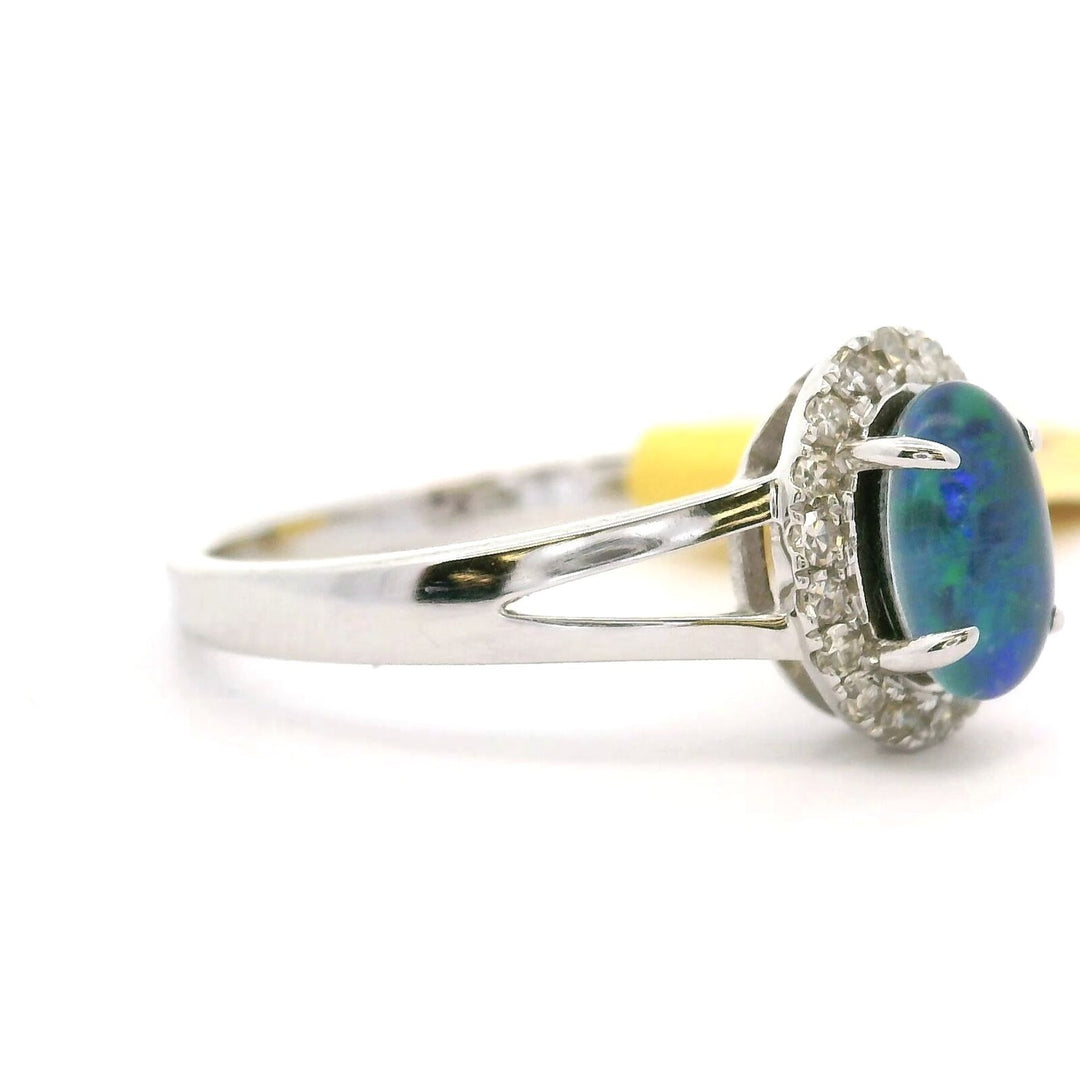 Brand New Blue &amp; Green Cabochon Opal Diamond Halo Ring 14k White Gold