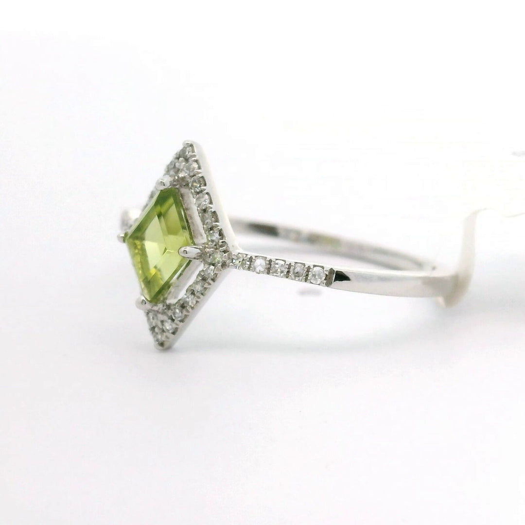 Brand New Peridot and Diamond Halo Ring in 14k White Gold Size 7