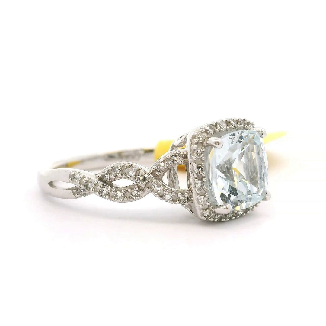 Brand New Aquamarine and Diamond Fancy Halo Ring in 14k White Gold Size 7