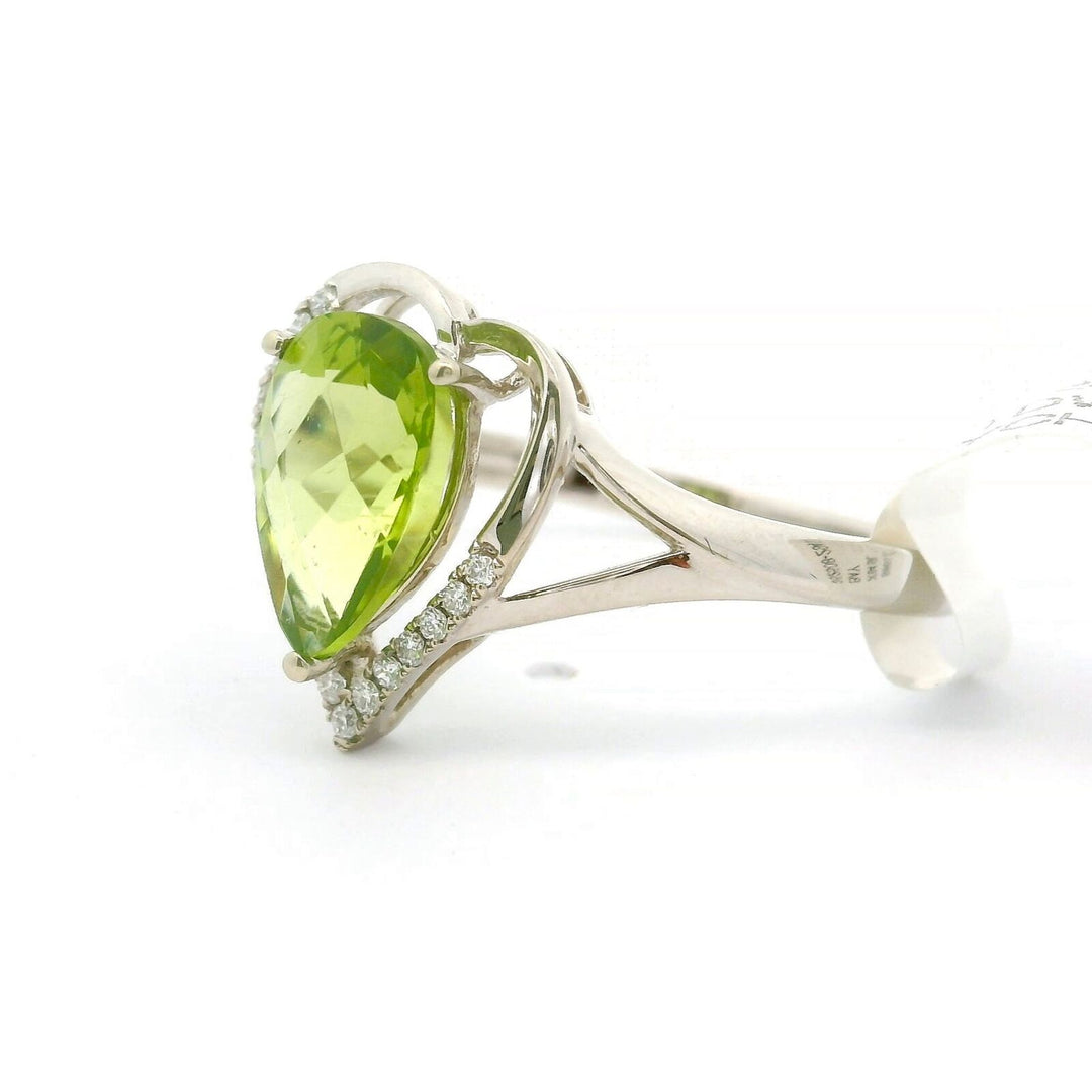 Brand New Peridot and Diamond Fancy Heart Ring in 14k White Gold Size 7