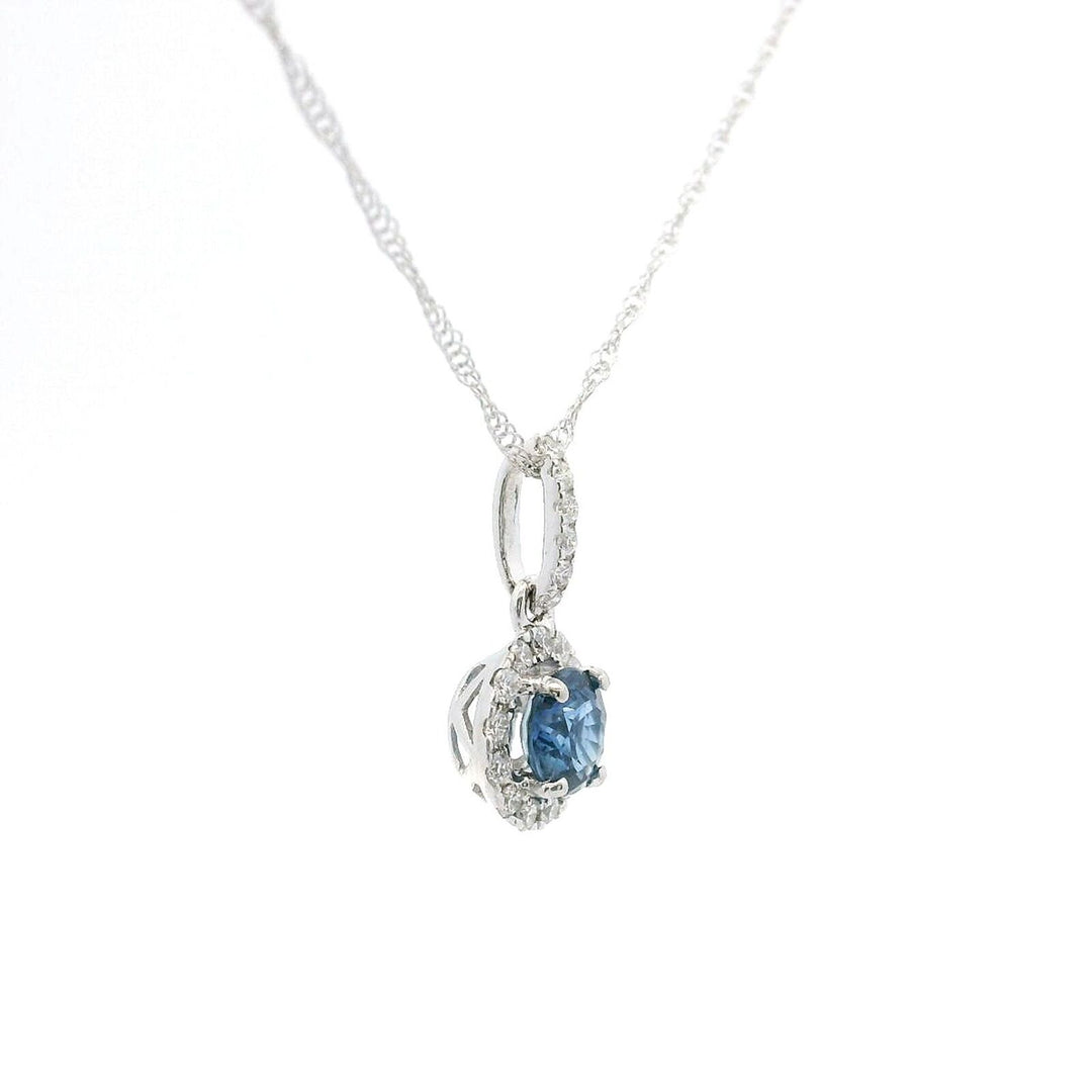 Brand New 14k White Gold Sapphire and Diamond Halo Pendant Necklace 18"