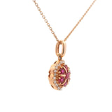 Brand New 14k Rose Gold Ruby and Diamond Halo Pendant Necklace 18"