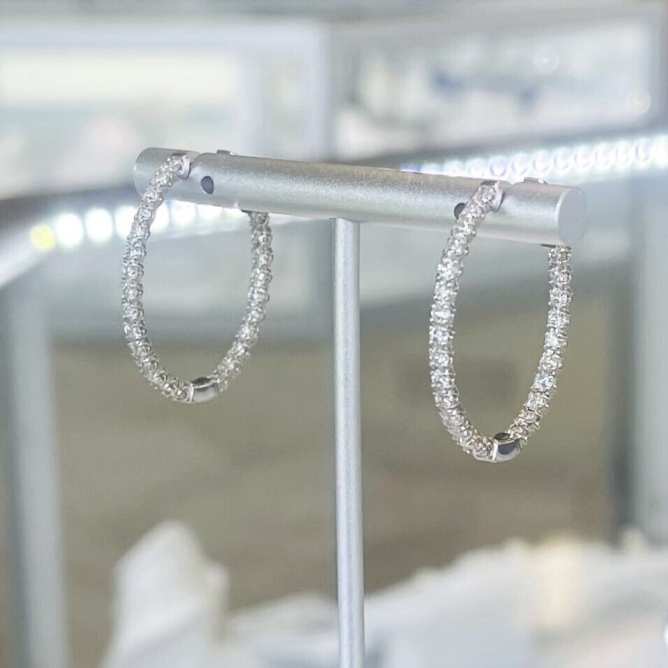 Brand New 14k White Gold and 2cttw Diamonds Inside Outside Hoop Earrings 1"