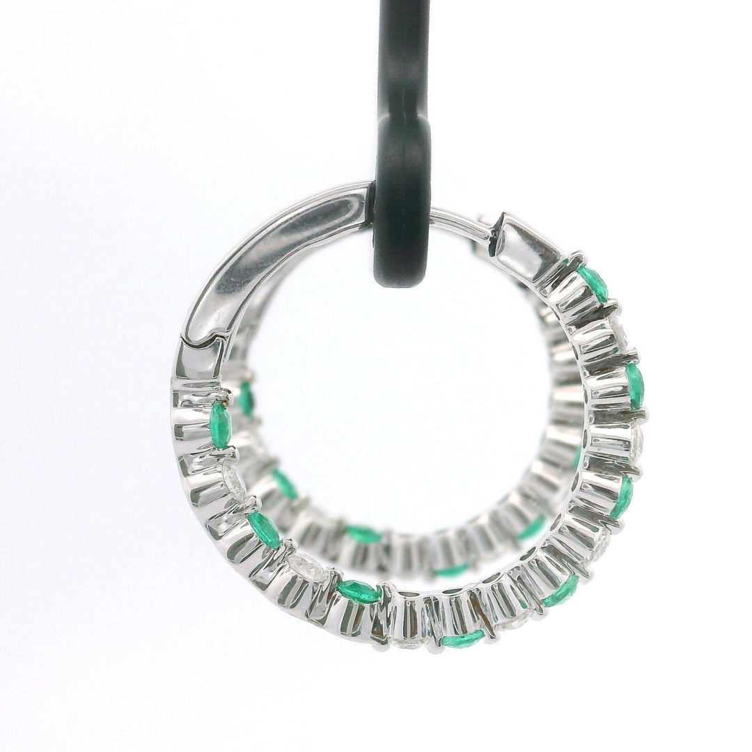 Brand New 14k White Gold Emerald and Diamond Hoop Earrings