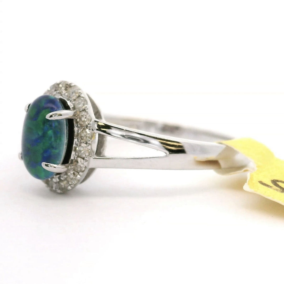 Brand New Blue &amp; Green Cabochon Opal Diamond Halo Ring 14k White Gold