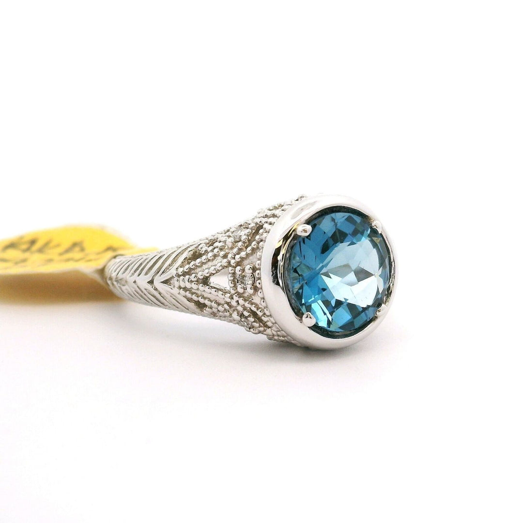 Brand New London Blue Topaz and Diamond Filigree Ring in 14k White Gold Size 6