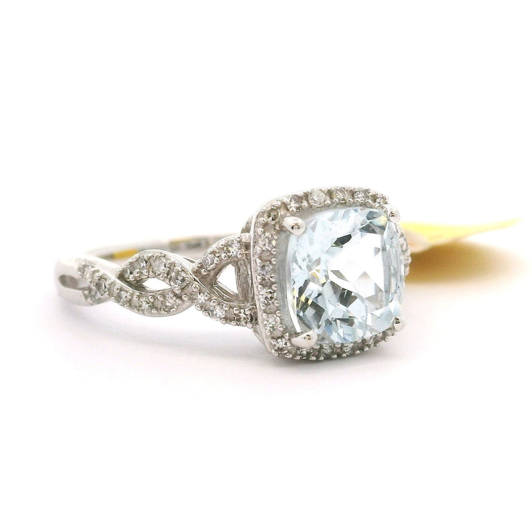 Brand New Aquamarine and Diamond Fancy Halo Ring in 14k White Gold Size 7