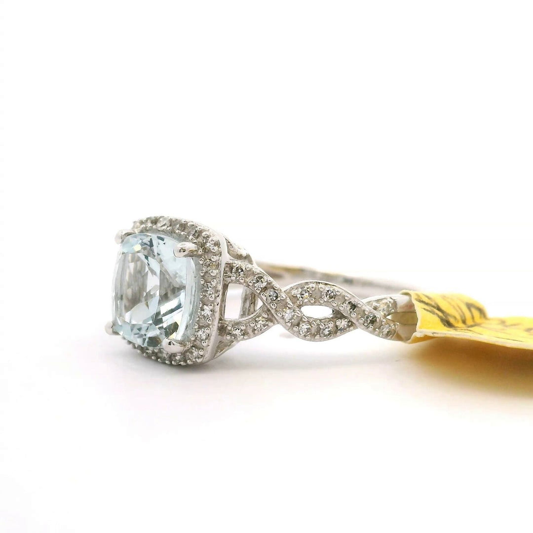 Brand New Aquamarine and Diamond Fancy Halo Ring in 14k White Gold Size 7