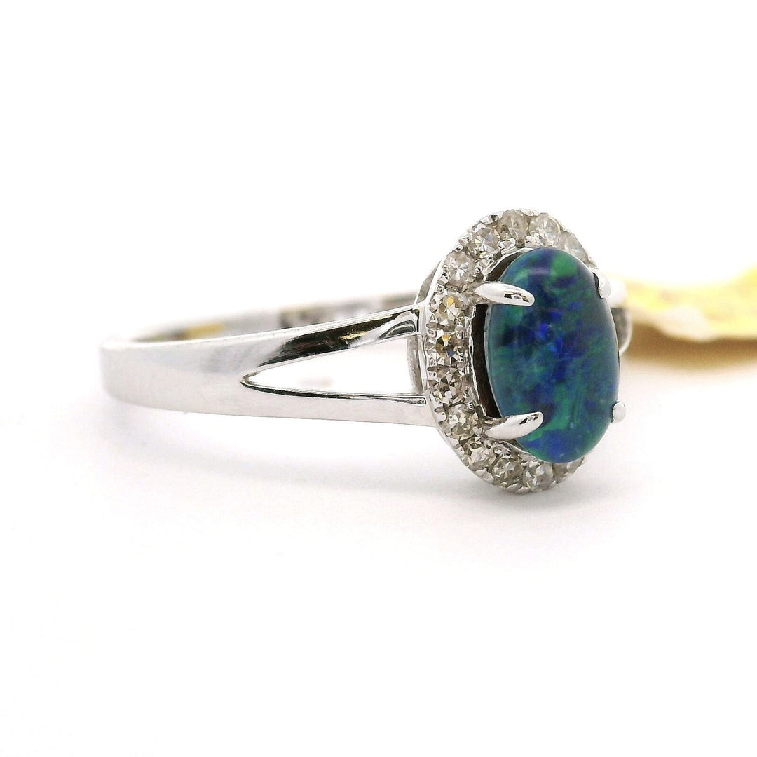 Brand New Blue &amp; Green Cabochon Opal Diamond Halo Ring 14k White Gold