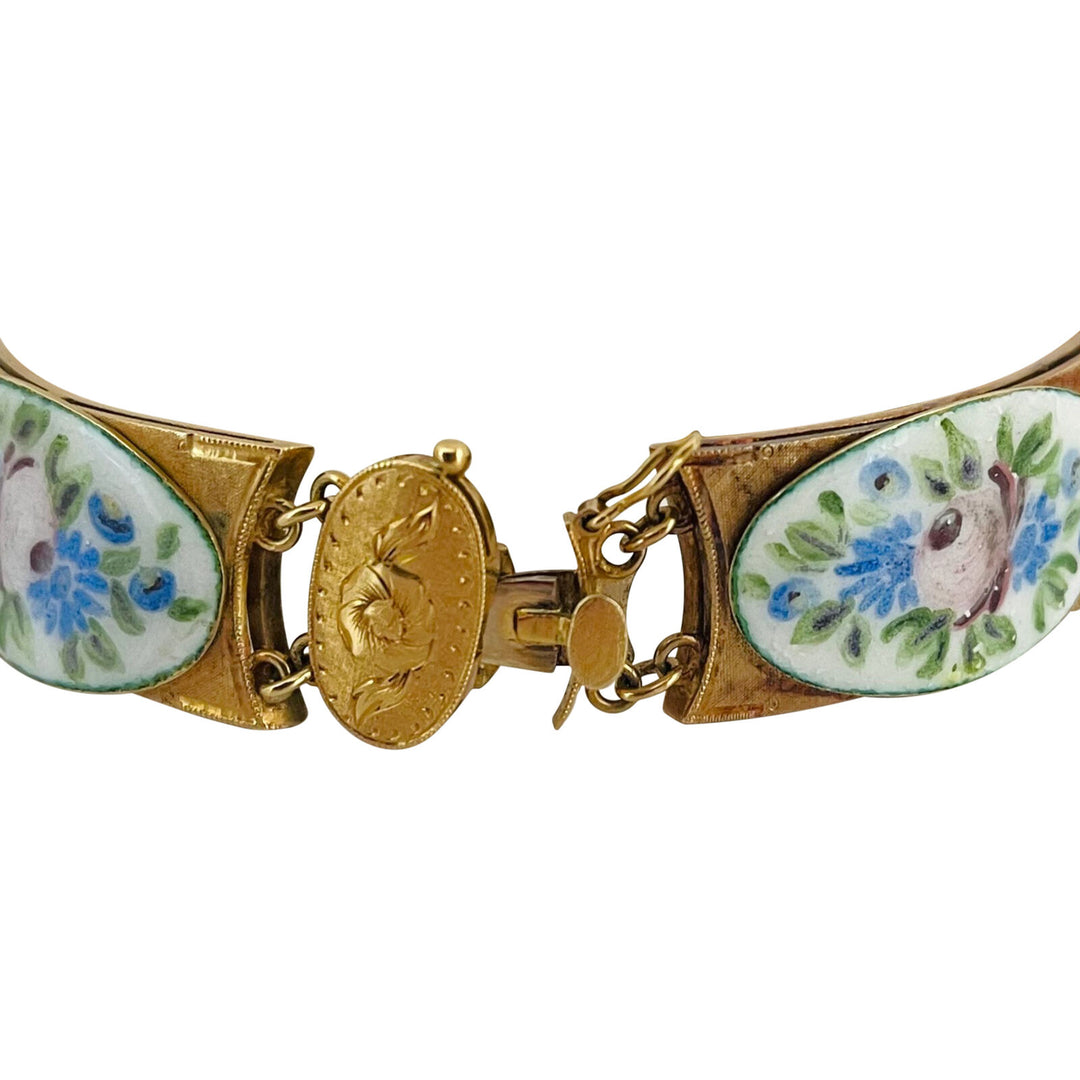 18k Yellow Gold and Painted Enamel 43.7g Vintage Floral Link Bracelet 7.25"