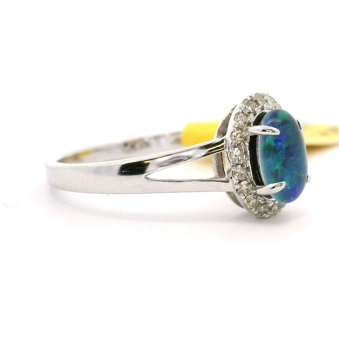 Brand New Blue &amp; Green Cabochon Opal Diamond Halo Ring 14k White Gold