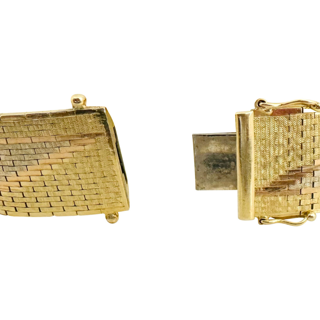 14k Tri Tone Gold 43.3g Solid 16mm Fancy Brick Link Strap Bracelet Italy 7"