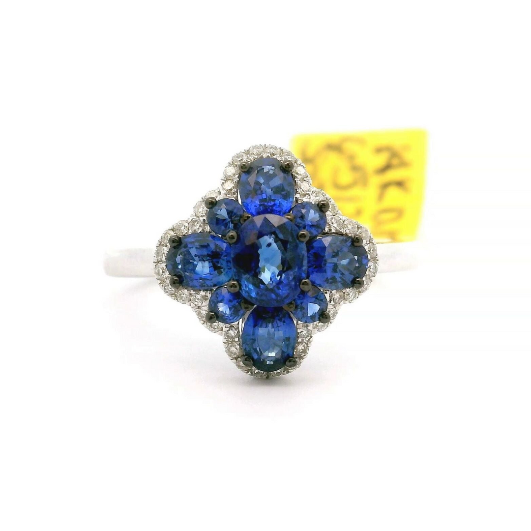 Brand New Blue Sapphire and Diamond Floral Ring in 14k White Gold Size 7