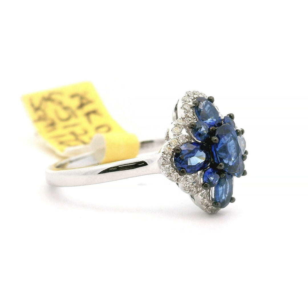 Brand New Blue Sapphire and Diamond Floral Ring in 14k White Gold Size 7