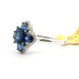 Brand New Blue Sapphire and Diamond Floral Ring in 14k White Gold Size 7