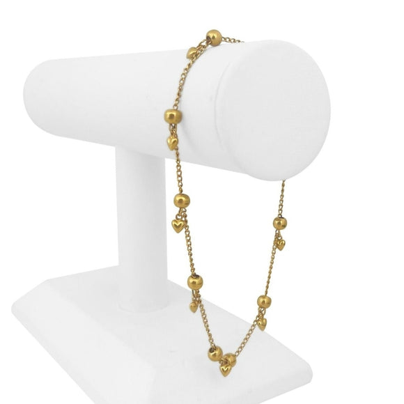 24k Pure Yellow Gold 9.2g Ladies Curb Link Ball and Heart Charm Anklet 9.5