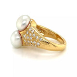 Mikimoto 18k Yellow Gold Diamond and Two Pearls Cocktail Ring Size 6.5