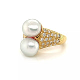 Mikimoto 18k Yellow Gold Diamond and Two Pearls Cocktail Ring Size 6.5