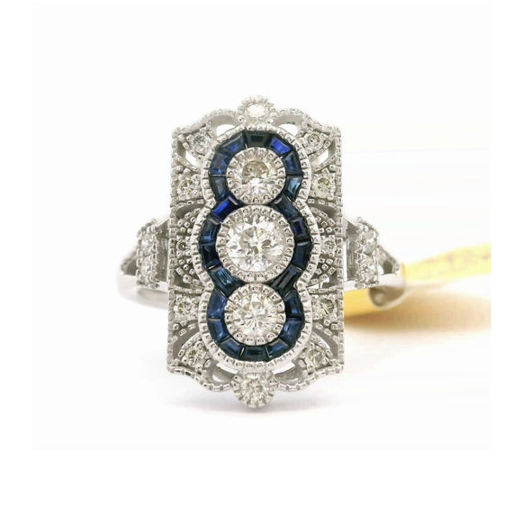 Brand New Sapphire & Diamond Art Deco Style Ring 14k White Gold Size 6.75