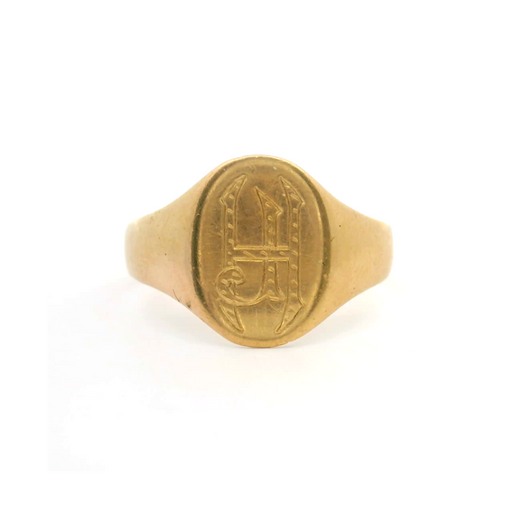 19k Portuguese Yellow Gold 4.3g Vintage Engraved Signet Ring Size 10