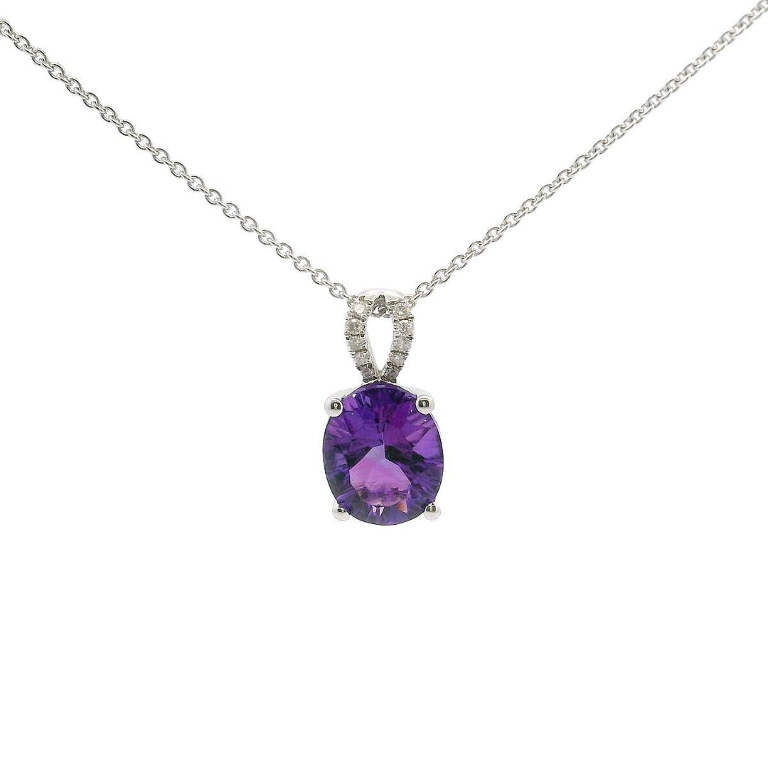 Brand New 14k White Gold Amethyst and Diamond Pendant Necklace 18"