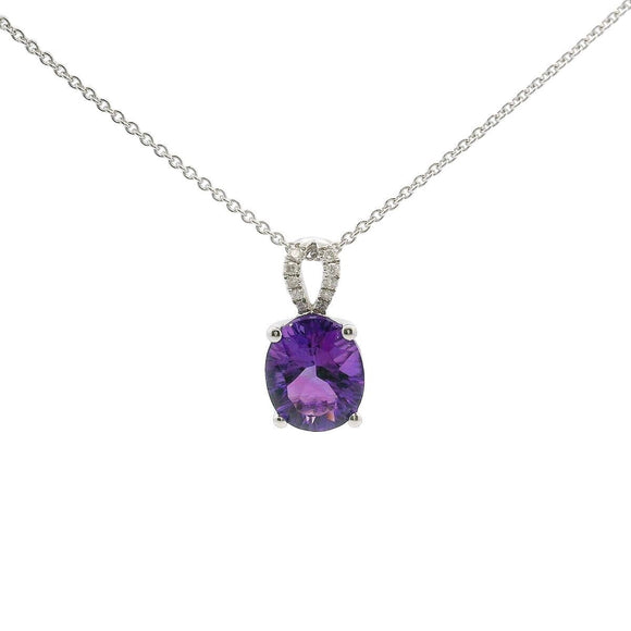 Brand New 14k White Gold Amethyst and Diamond Pendant Necklace 18