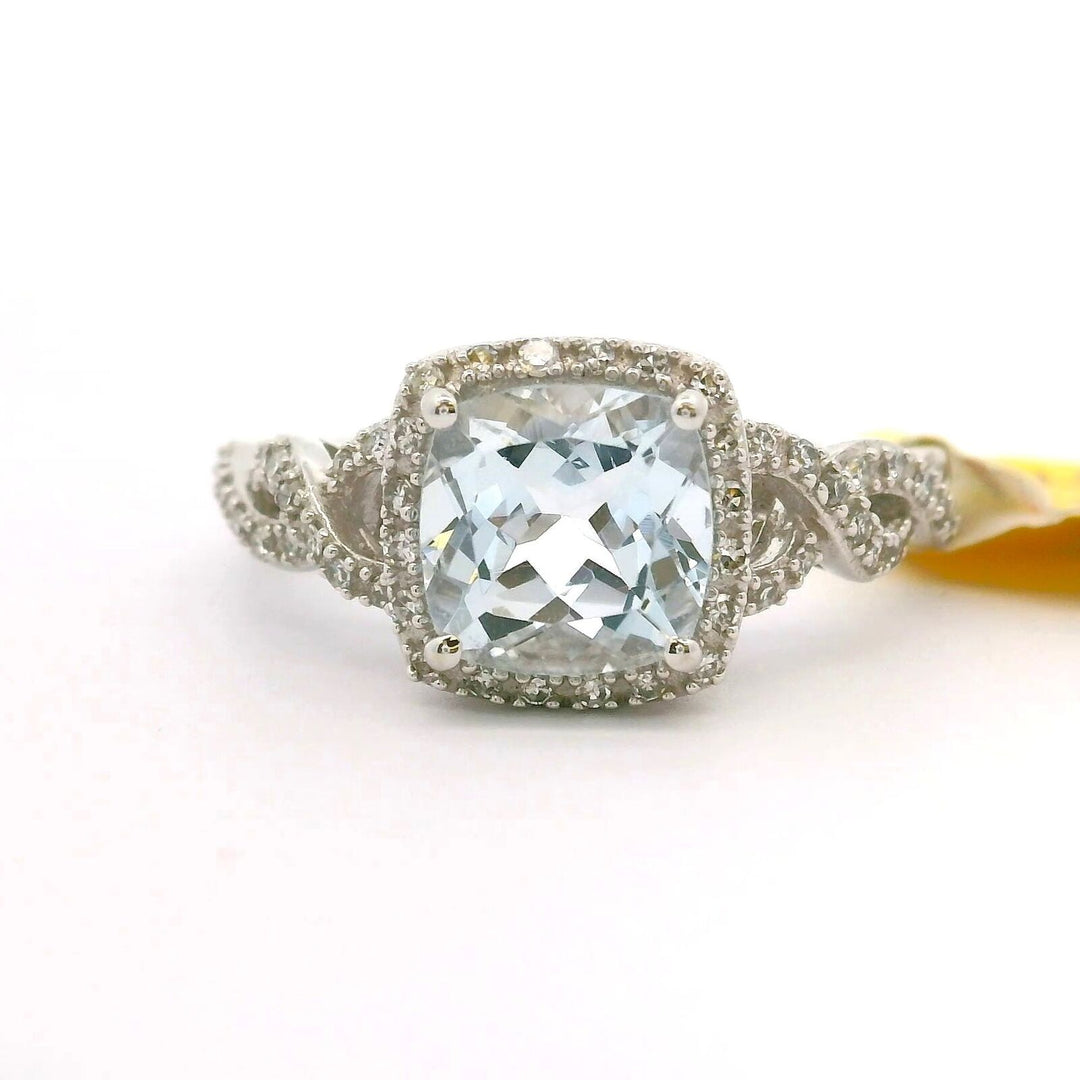 Brand New Aquamarine and Diamond Fancy Halo Ring in 14k White Gold Size 7