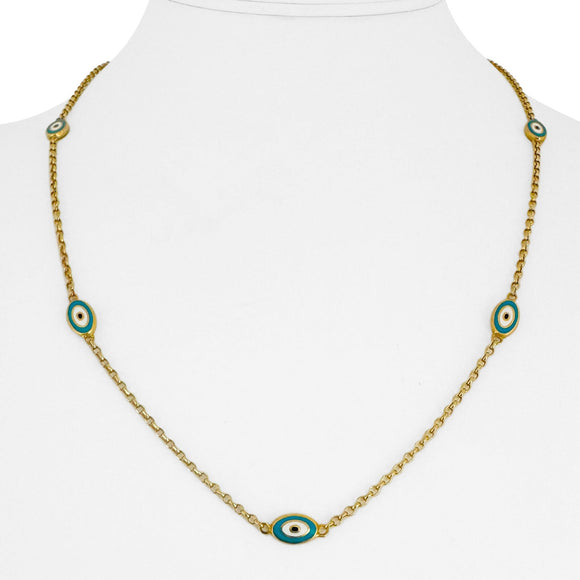 21k Yellow Gold and Enamel Evil Eye Station Cable Link Necklace 20