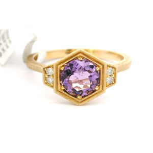 Brand New Amethyst and Diamond Fancy Ring in 14k Yellow Gold Size 6.75