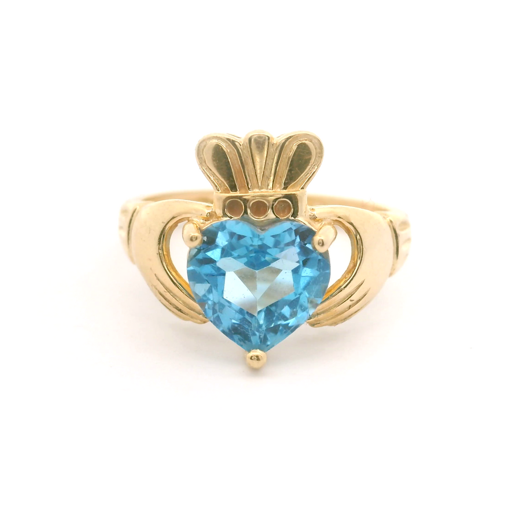 14k Yellow Gold and Heart Cut Topaz Claddagh Ring Size 6