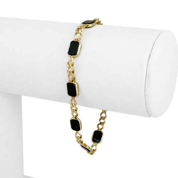 14k Yellow Gold 5.1g Ladies Onyx Station Curb Link Bracelet 7