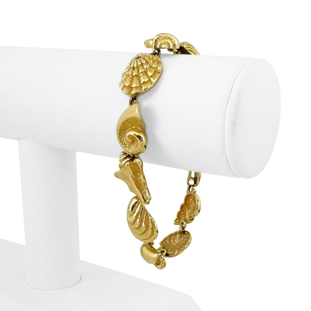14k Yellow Gold 34.8g Ladies Vintage 15mm Multi Sea Shell Link Bracelet 7.5"