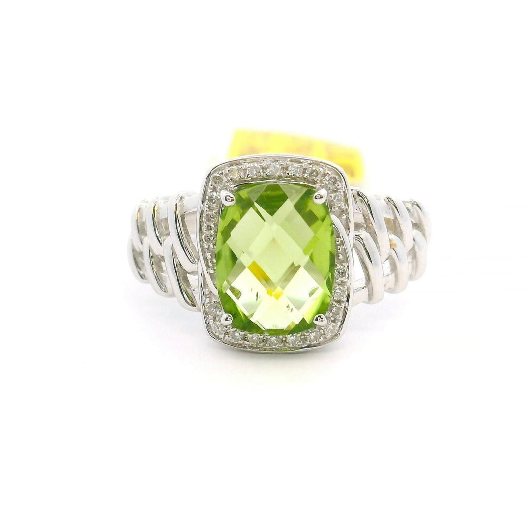 Brand New Peridot and Diamond Fancy Halo Ring in 14k White Gold Size 7