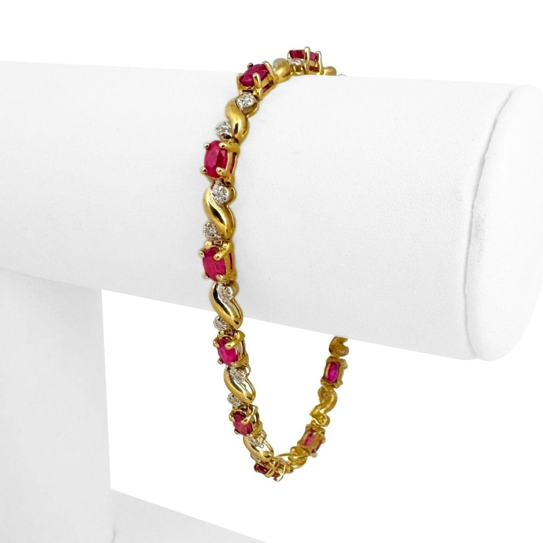 14k Yellow Gold 9.4g Ladies Ruby and Diamond Link Bracelet 7"