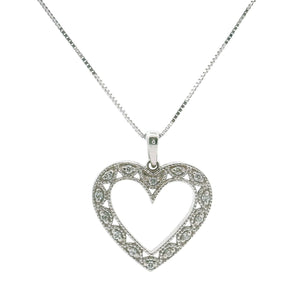 Brand New 14k White Gold and Diamond Filigree Heart Pendant Necklace 18"