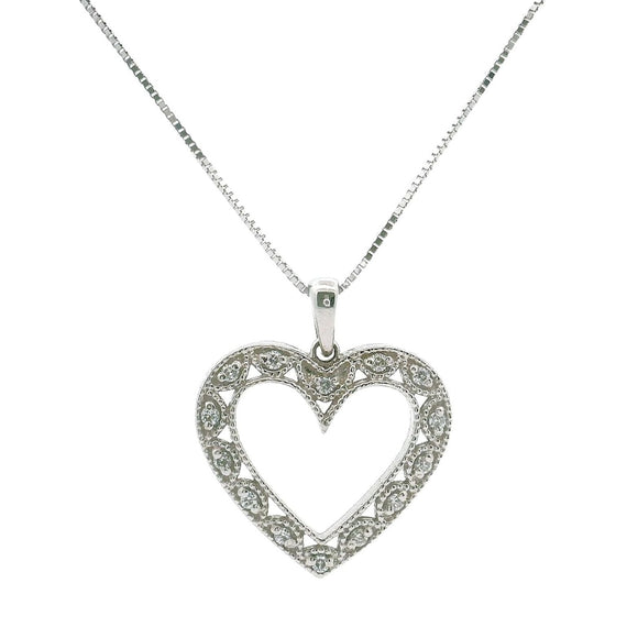 Brand New 14k White Gold and Diamond Filigree Heart Pendant Necklace 18