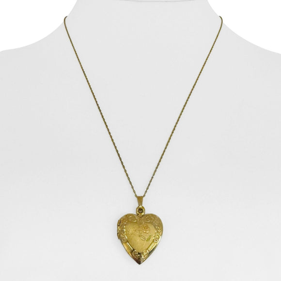 14k Yellow Gold Ladies Vintage Mom Heart Locket Pendant Necklace 18