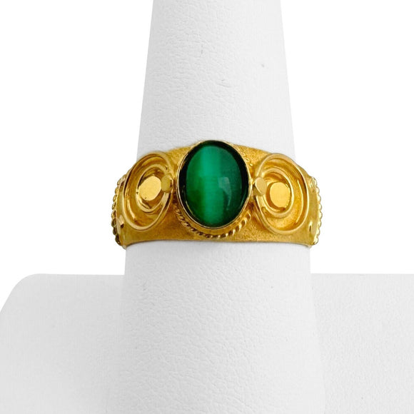 21k Yellow Gold and Green Tiger's Eye 3.6g Fancy Band Ring Size 8.5