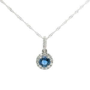 Brand New 14k White Gold Sapphire and Diamond Halo Pendant Necklace 18"