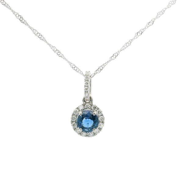 Brand New 14k White Gold Sapphire and Diamond Halo Pendant Necklace 18