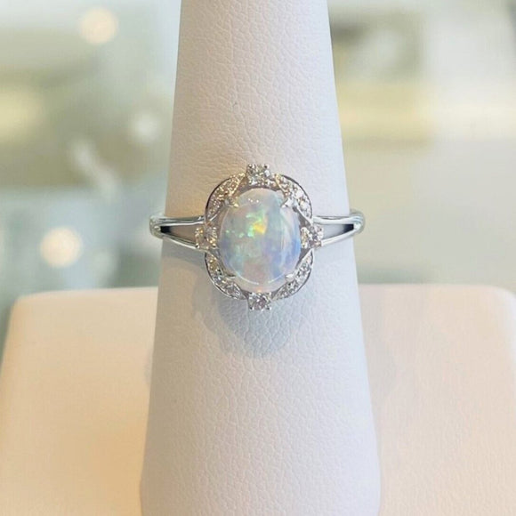 Brand New 14k White Gold Opal and Diamond Halo Ring Size 6.5